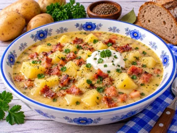Cremige Kartoffelsuppe auf Wiener Art mit Kartoffelwürfeln, knusprigem Speck und Majoran.
