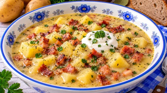 Cremige Kartoffelsuppe auf Wiener Art mit Kartoffelwürfeln, knusprigem Speck und Majoran.