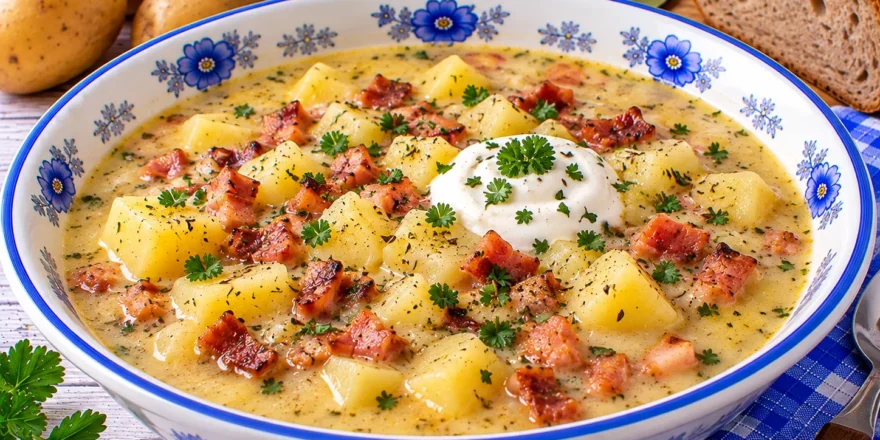 Cremige Kartoffelsuppe auf Wiener Art mit Kartoffelwürfeln, knusprigem Speck und Majoran.