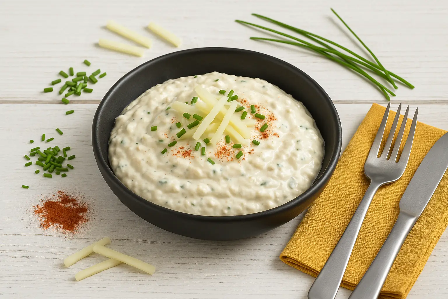 Kohlrabi-Aufstrich in schwarzer, matter Schale auf weißem Holz, garniert mit Schnittlauch und Rosenpaprika.