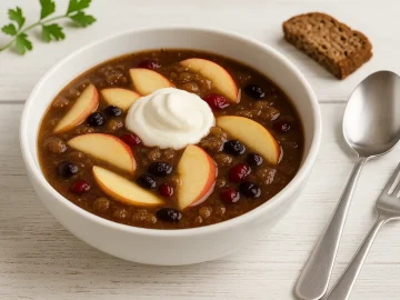 Süße lettische Brotsuppe aus Roggenbrot mit Apfelspalten, Rosinen und Schlagsahne in weißer Schüssel auf hellem Holzhintergrund.