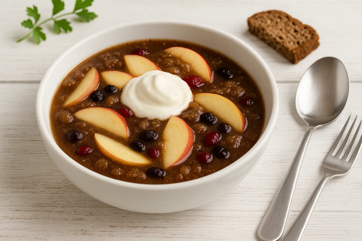 Süße lettische Brotsuppe aus Roggenbrot mit Apfelspalten, Rosinen und Schlagsahne in weißer Schüssel auf hellem Holzhintergrund.