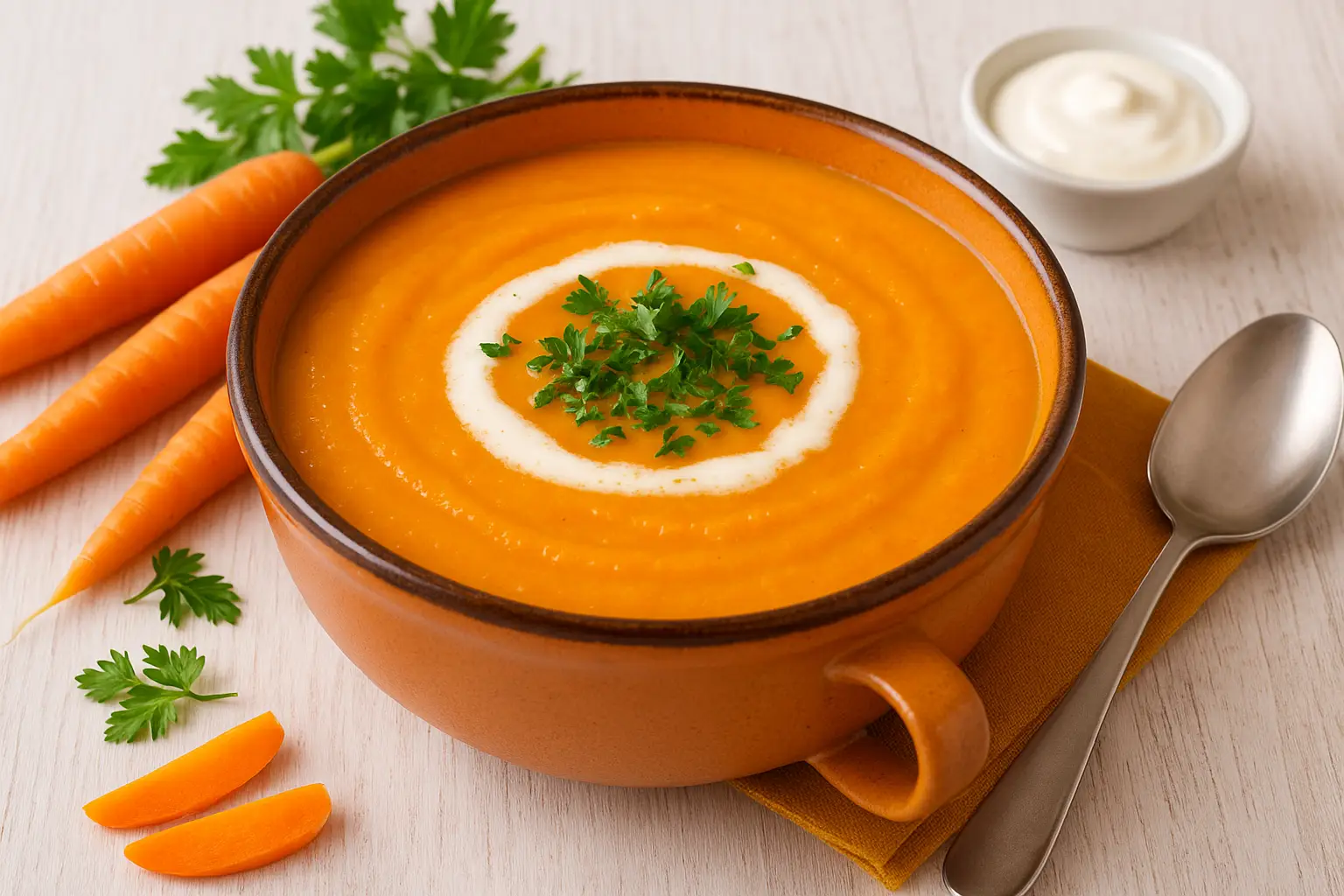  Leuchtend orange Möhrensuppe mit Sahne und Petersilie in einer rustikalen Suppenschüssel auf DDR-Geschirr, dekoriert auf weißem Holztisch.