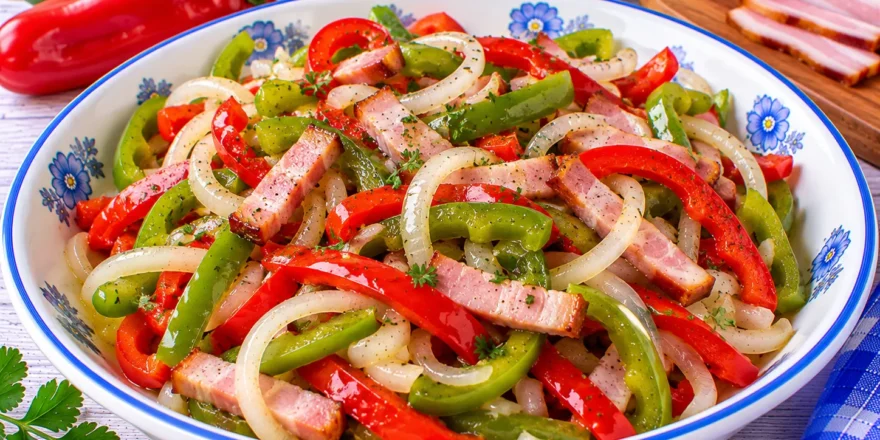 Peperonisalat aus roten und grünen Peperoni mit geräuchertem Speck und Zwiebeln.