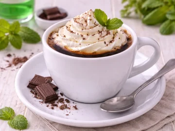 Pfefferminzkaffee in weißer Tasse mit Schokolade, Sahnehaube und Minzdekoration auf hellem Holzhintergrund