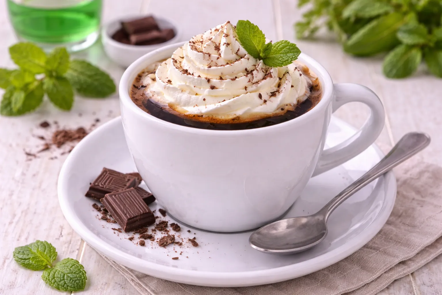 Pfefferminzkaffee in weißer Tasse mit Schokolade, Sahnehaube und Minzdekoration auf hellem Holzhintergrund