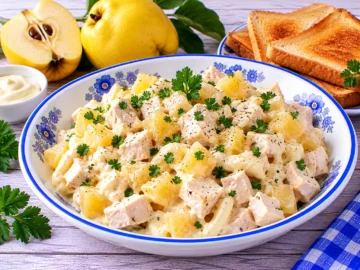 Cremiger Geflügelsalat mit Hühnerbrust, gekochten Quitten und Mayonnaise-Sahne-Soße.