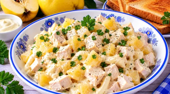 Cremiger Geflügelsalat mit Hühnerbrust, gekochten Quitten und Mayonnaise-Sahne-Soße.