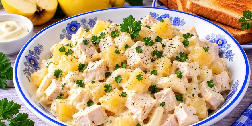 Cremiger Geflügelsalat mit Hühnerbrust, gekochten Quitten und Mayonnaise-Sahne-Soße.