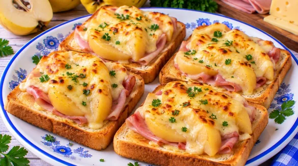 Überbackener Toast mit gekochtem Schinken, Quitten und geschmolzenem Käse.