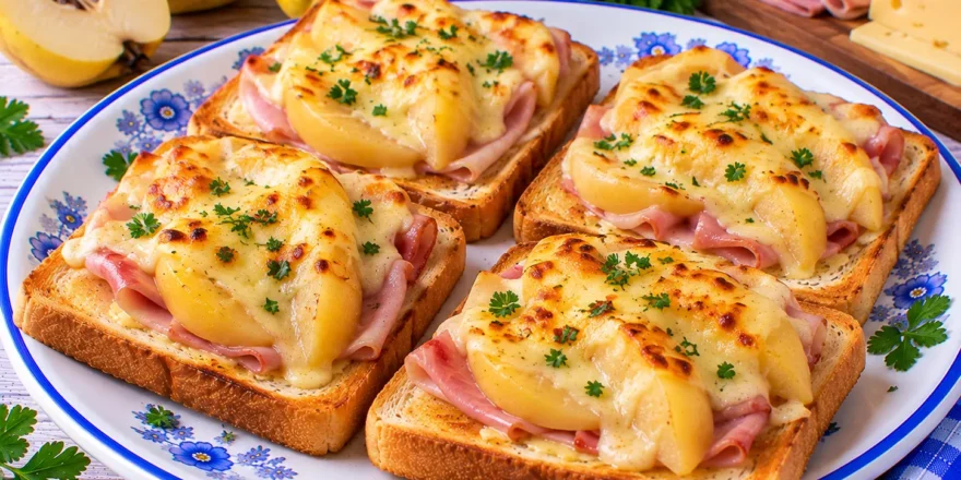 Überbackener Toast mit gekochtem Schinken, Quitten und geschmolzenem Käse.