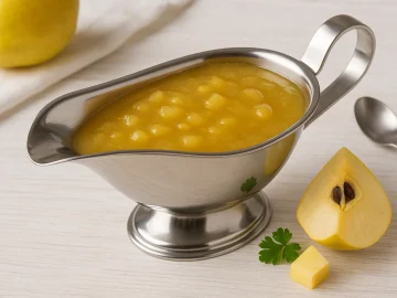 Fruchtige Quittensoße in einer glänzenden Edelstahlsauciere mit Quittenstückchen daneben