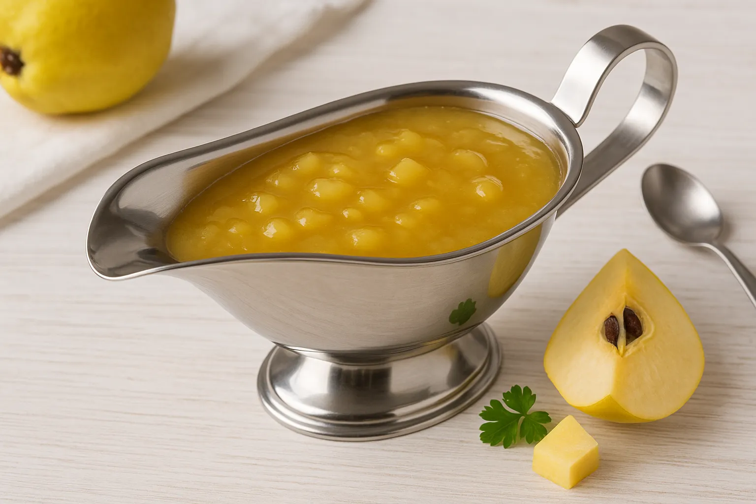 Fruchtige Quittensoße in einer glänzenden Edelstahlsauciere mit Quittenstückchen daneben