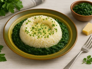 Reis-Kranz mit Käse und Kräutern, umgeben von Spinatgemüse auf rustikalem DDR-Teller, dekoriert auf hellem Holztisch.