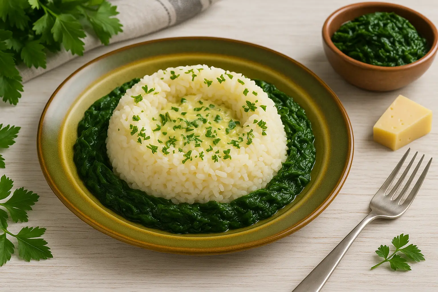  Reis-Kranz mit Käse und Kräutern, umgeben von Spinatgemüse auf rustikalem DDR-Teller, dekoriert auf hellem Holztisch.