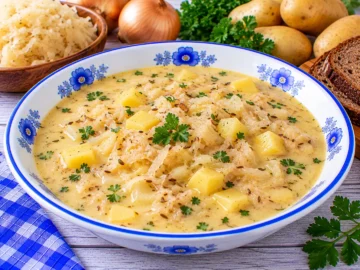 Cremige Riesengebirgische Sauerkrautsuppe mit Kartoffeln, Sauerkraut und Kümmel.