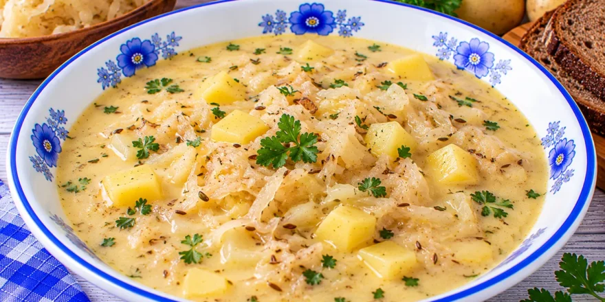 Cremige Riesengebirgische Sauerkrautsuppe mit Kartoffeln, Sauerkraut und Kümmel.