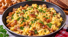 Saftiges Rührei mit gebratenen Stockschwämmchen, Zwiebeln und frischer Petersilie.