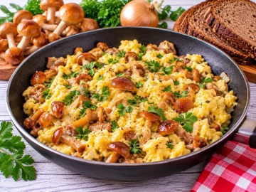 Saftiges Rührei mit gebratenen Stockschwämmchen, Zwiebeln und frischer Petersilie.