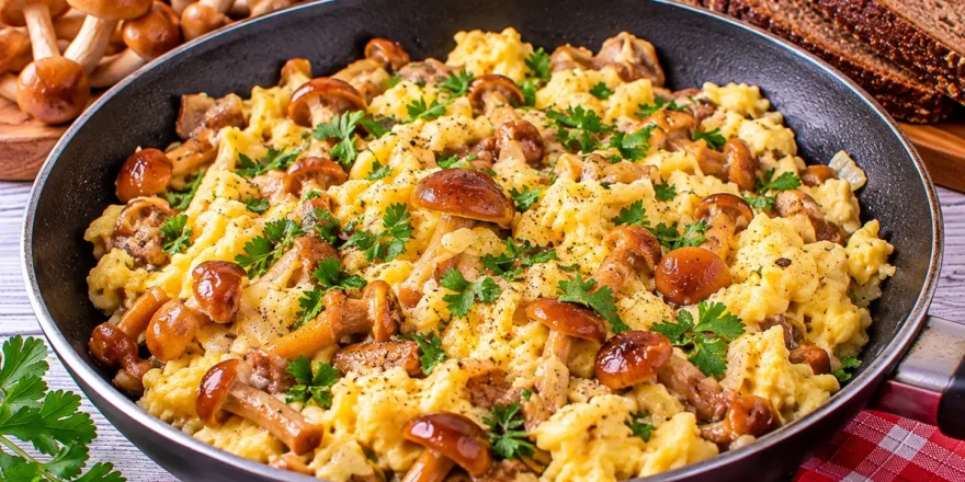 Saftiges Rührei mit gebratenen Stockschwämmchen, Zwiebeln und frischer Petersilie.