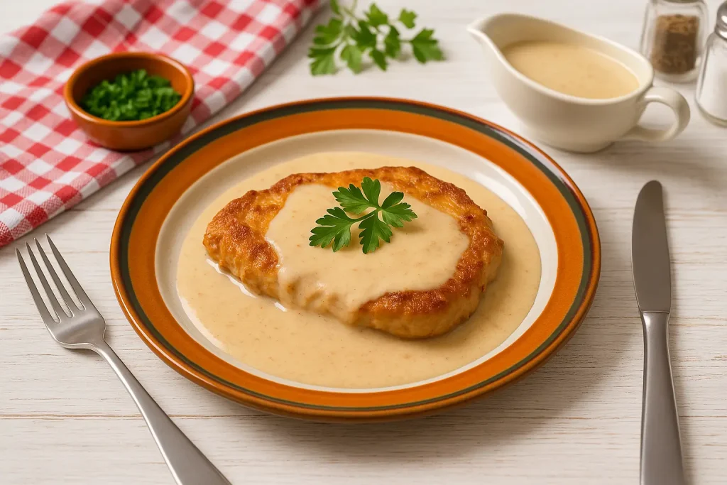  Sahneschnitzel in cremiger Sahnesoße, serviert auf buntem DDR-Teller mit frischer Petersilie, modern angerichtet.