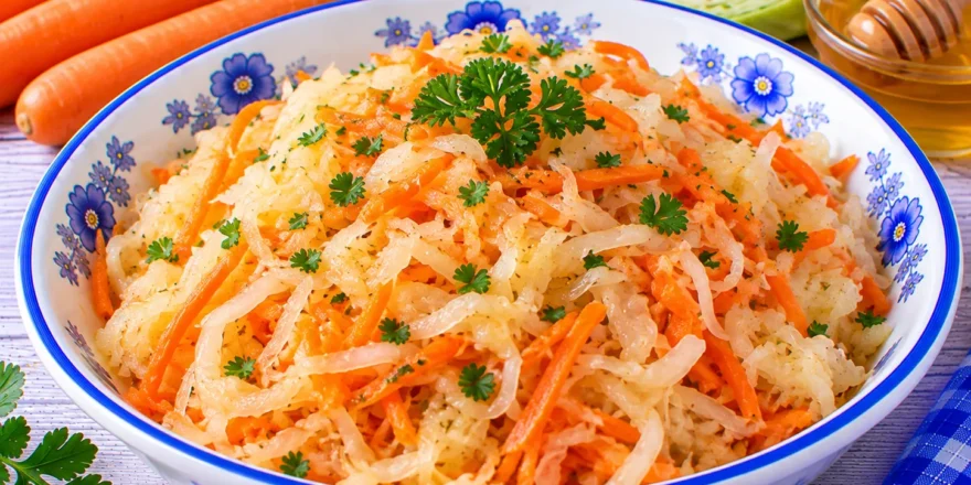 Sauerkrautsalat mit geraspelten Karotten und Honig in einer hellen Salatschüssel.