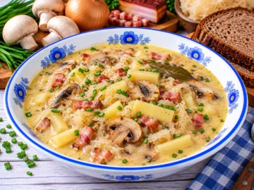 Cremige Sauerkrautsuppe mit Champignons, Kartoffeln, Speck und frischem Schnittlauch.