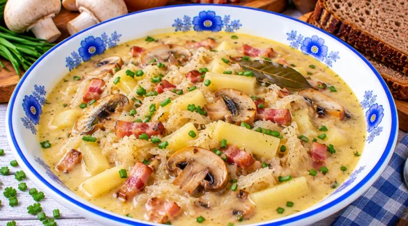 Cremige Sauerkrautsuppe mit Champignons, Kartoffeln, Speck und frischem Schnittlauch.