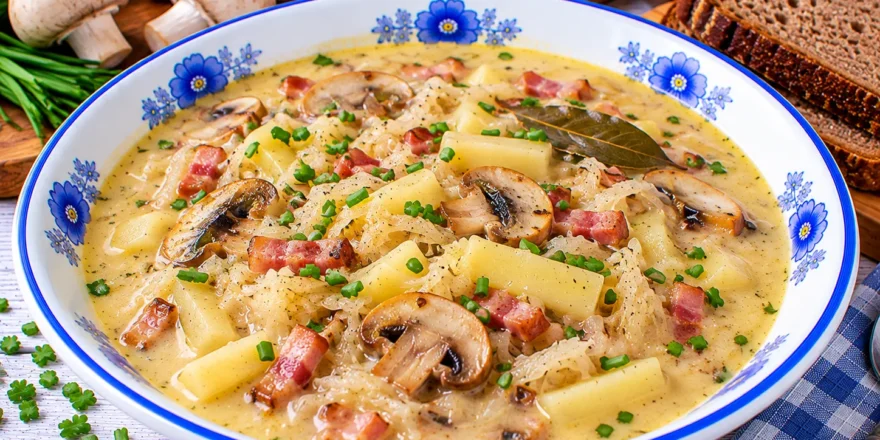 Cremige Sauerkrautsuppe mit Champignons, Kartoffeln, Speck und frischem Schnittlauch.