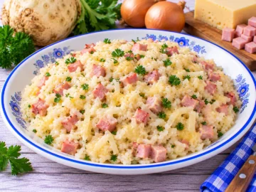 Cremiger Selleriereis mit Sellerie, Schinkenwürfeln und geschmolzenem Käse.