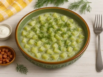 Gurkengemüse mit cremiger Sauce und frischem Dill auf einem bunten DDR-Teller, hell dekoriert, auf weißem Holztisch.