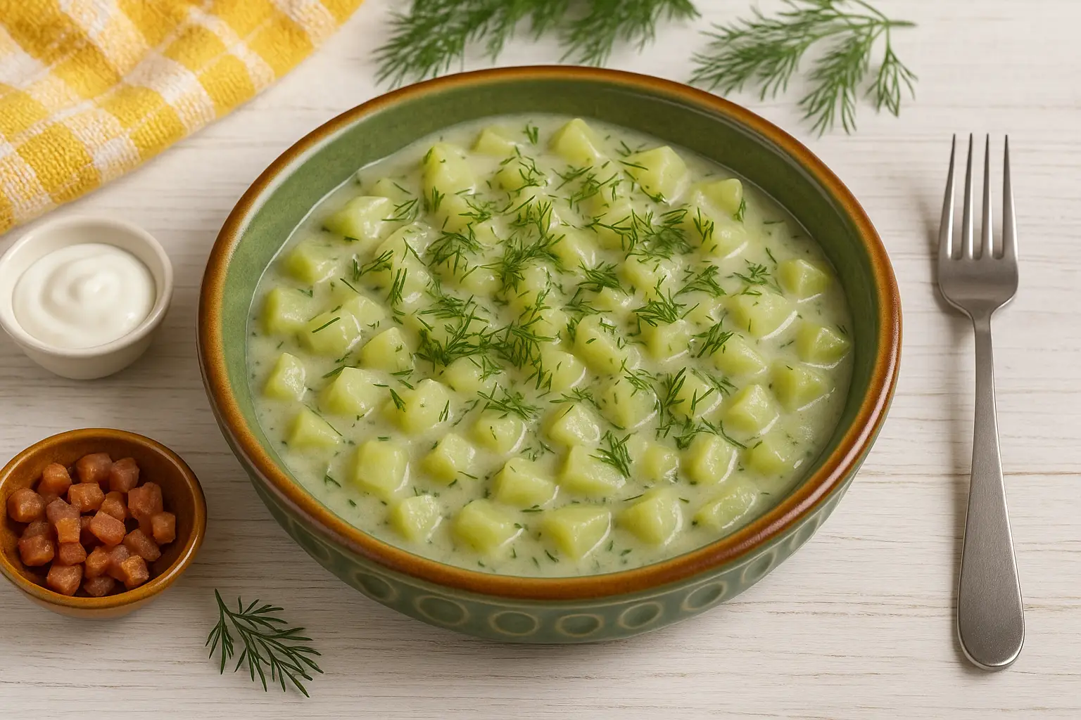  Gurkengemüse mit cremiger Sauce und frischem Dill auf einem bunten DDR-Teller, hell dekoriert, auf weißem Holztisch.