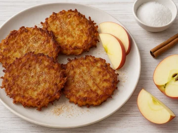 Goldbraune Süße Knusperpuffer auf weißem Teller, daneben Apfelscheiben, Zimt und Zucker