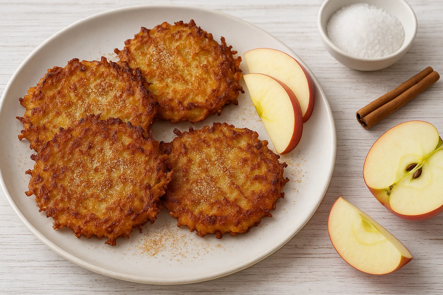 Goldbraune Süße Knusperpuffer auf weißem Teller, daneben Apfelscheiben, Zimt und Zucker