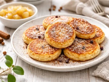 Goldbraun gebratene süße Quarkkeulchen auf weißem Teller mit Zimtzucker und Apfelkompott auf hellem Holztisch