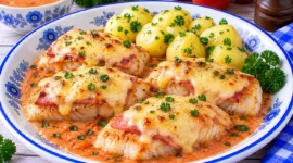 Goldbraunes Fischfilet mit Schinken und geschmolzenem Käse sowie cremiger Tomatensoße.