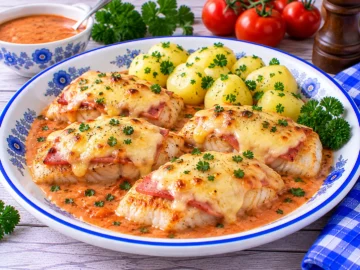 Goldbraunes Fischfilet mit Schinken und geschmolzenem Käse sowie cremiger Tomatensoße.