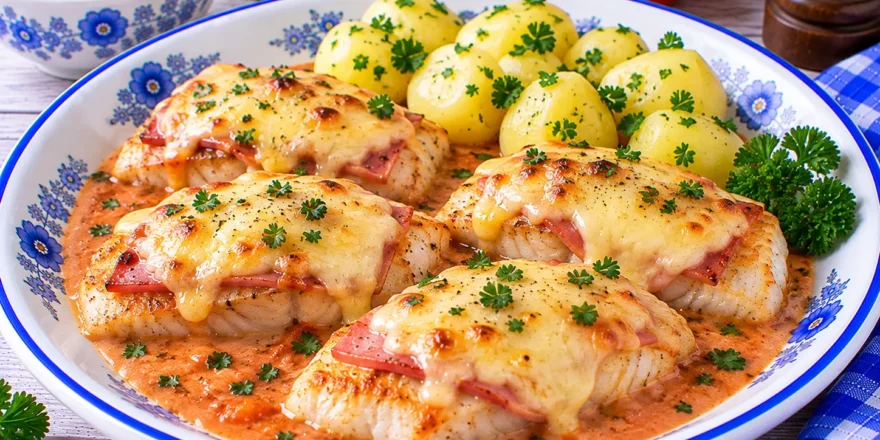 Goldbraunes Fischfilet mit Schinken und geschmolzenem Käse sowie cremiger Tomatensoße.