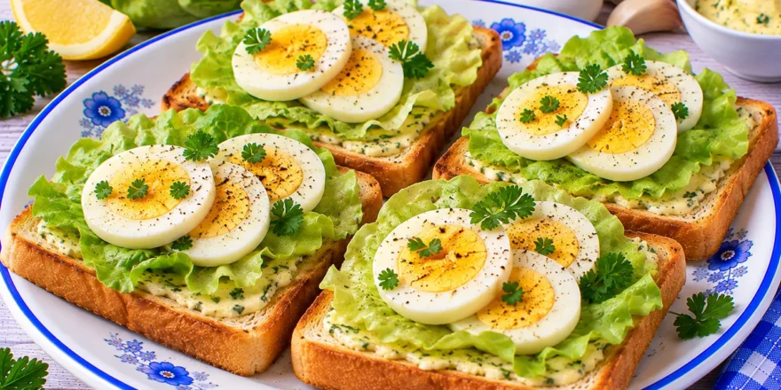 Gerösteter Toast mit Knoblauchbutter, frischem Kopfsalat und hartgekochten Eischeiben.