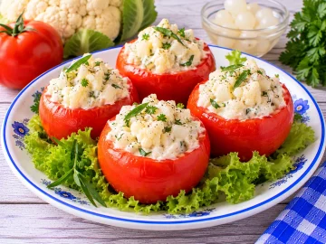 Ausgehöhlte Tomaten mit cremigem Blumenkohlsalat, Doppelrahmkäse und Einmachzwiebeln.