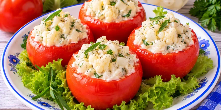Ausgehöhlte Tomaten mit cremigem Blumenkohlsalat, Doppelrahmkäse und Einmachzwiebeln.