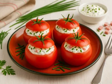 Gefüllte Tomaten mit Käsecreme, Schinken und Schnittlauch auf farbigem DDR-Teller, modern dekoriert auf weißem Holz.