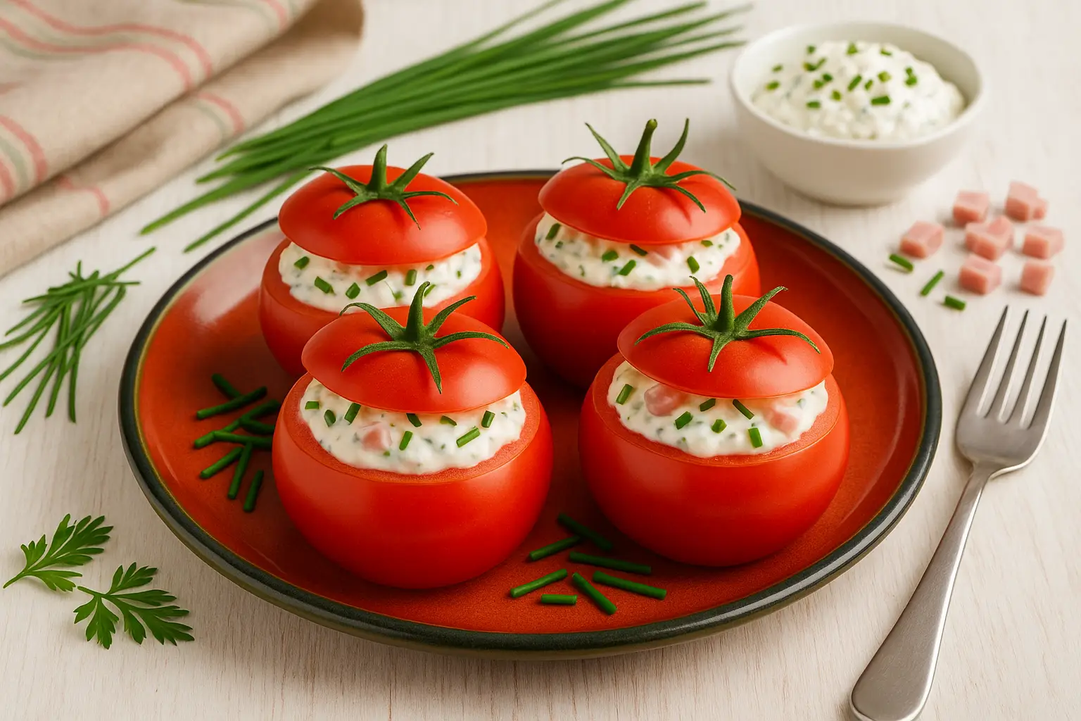  Gefüllte Tomaten mit Käsecreme, Schinken und Schnittlauch auf farbigem DDR-Teller, modern dekoriert auf weißem Holz.