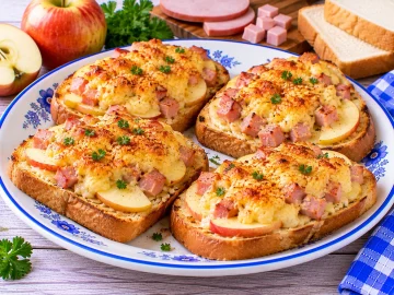 Überbackene Weißbrote mit Apfelscheiben, Bierschinken und würziger Eiermasse.