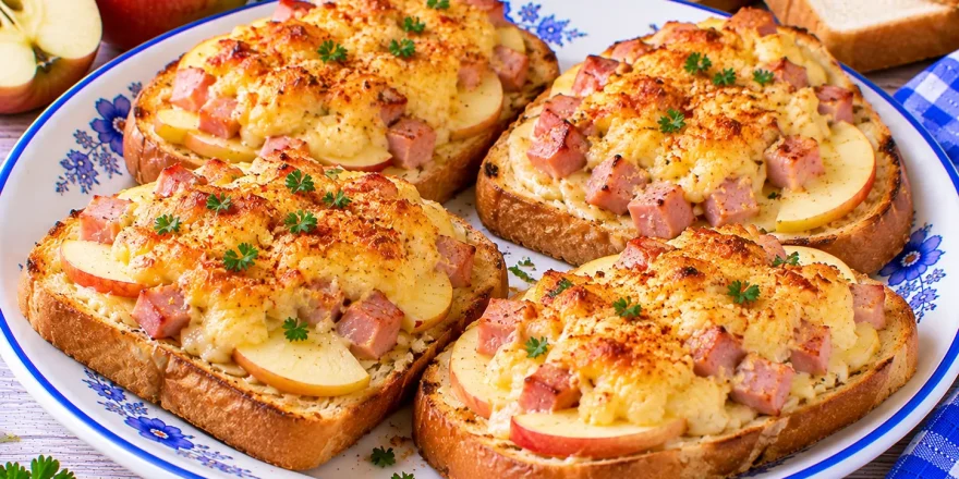 Überbackene Weißbrote mit Apfelscheiben, Bierschinken und würziger Eiermasse.