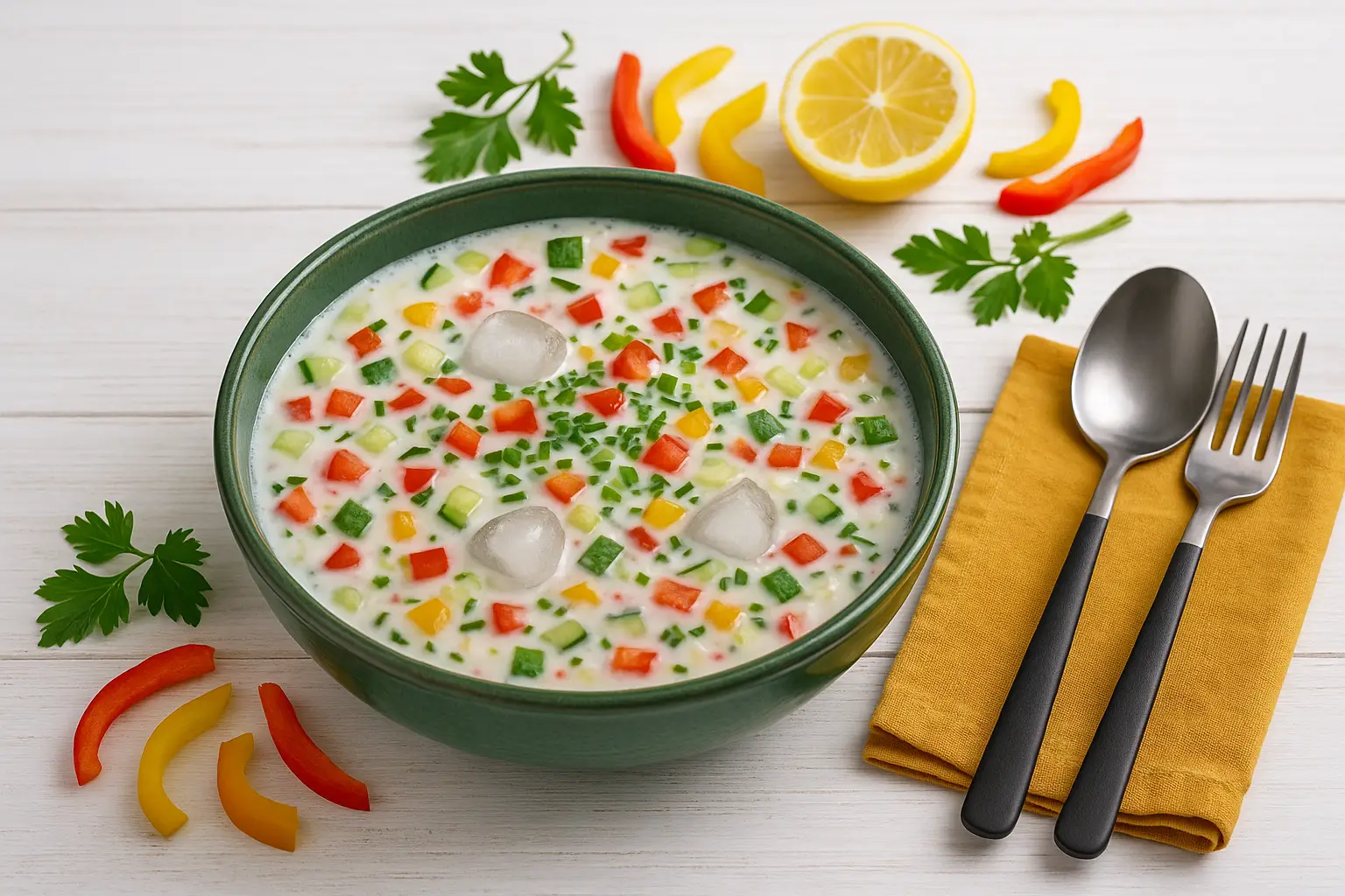 Kalte Gemüsesuppe in grüner DDR-Suppenschüssel, mit Tomaten, Gurke, Paprika, Eiswürfeln und moderner Deko auf hellem Holz.