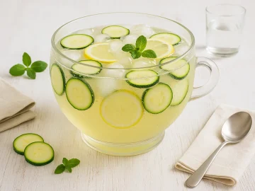 Zucchinibowle in großem Glasgefäß, dekoriert mit Zucchinischeiben und Eiswürfeln, serviert auf hellem Holztisch