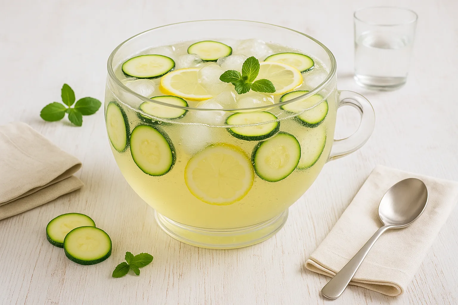 Zucchinibowle in großem Glasgefäß, dekoriert mit Zucchinischeiben und Eiswürfeln, serviert auf hellem Holztisch
