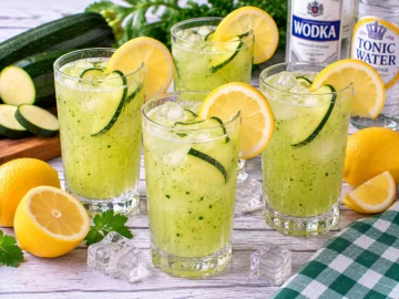 Grünes Zucchinigetränk mit Tonic Water, Zitrone, Wodka und Eiswürfeln.