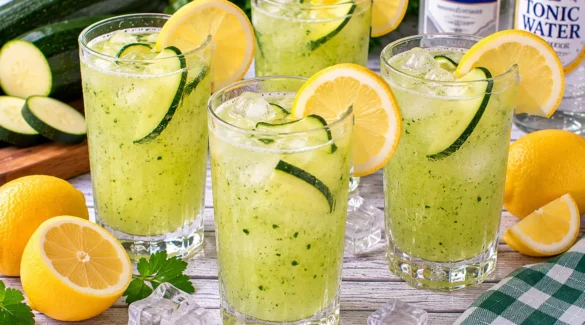 Grünes Zucchinigetränk mit Tonic Water, Zitrone, Wodka und Eiswürfeln.